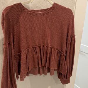 Altar'd State Rust Ribbed Ruffle Long Sleeve Top